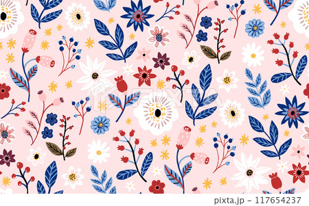 Floral nature pattern, pink paper background. Winter flowers graphics, dense texture for stationery, textile and gift wrapping, seamless backdrop 117654237