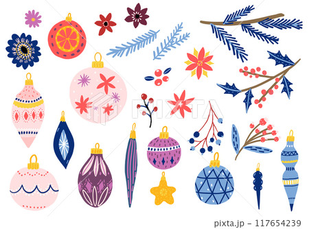 Christmas decorations set, flowers and leaf, different balls and decor for christmas tree, hand drawn illustrations set isolated on white 117654239