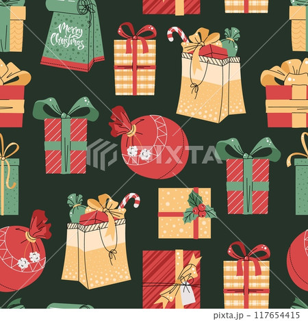 Seamless pattern with Christmas gift boxes. Vector holiday texture in flat style. Suitable for wallpaper, wrapping paper, fabric, etc. Seamless pattern with Christmas gift boxes. Vector holiday texture in flat style. Suitable for wallpaper, wrapping paper, fabric, etc. 117654415