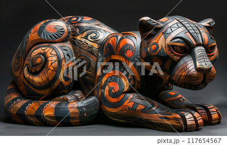 Intricate Wooden Jaguar Alebrije Sculpture with Traditional Mexican Patterns 117654567