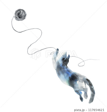 Cat with a ball of wool. Fluffy cat jumps and plays with a ball. Watercolor sketch shows a cheerful, happy and fluffy cat jumps and tries to catch the ball. It is maid in the form of a watercolor 117654621