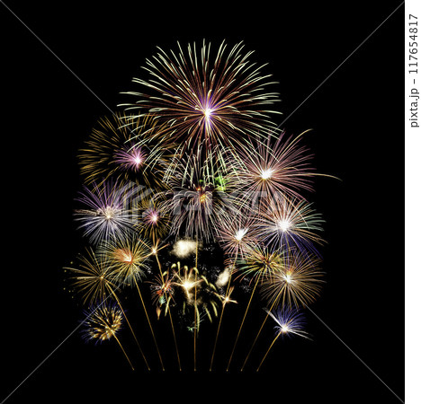 Fireworks of various colors and shapes burst in night sky 117654817