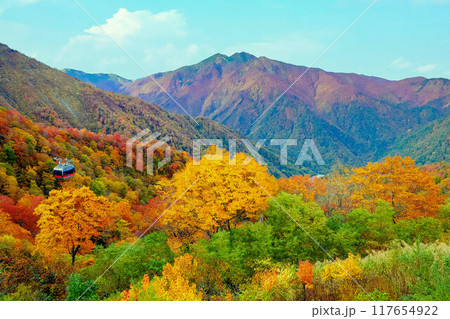 紅葉の朝日連山とロープウェイ 117654922
