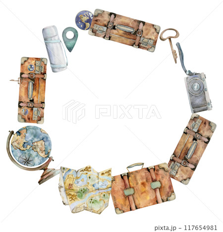 Tourist accessories, luggage suitcase key, vacuum flask, photo camera, map globe. Watercolor hand drawn illustration. Round wreath frame. Tourism, travel brochure, booklet, wedding guide, print card. Tourist accessories, luggage suitcase key, vacuum flask, photo camera, map globe. Watercolor hand drawn illustration. Round wreath frame. Tourism, travel brochure, booklet, wedding guide, print card. 117654981