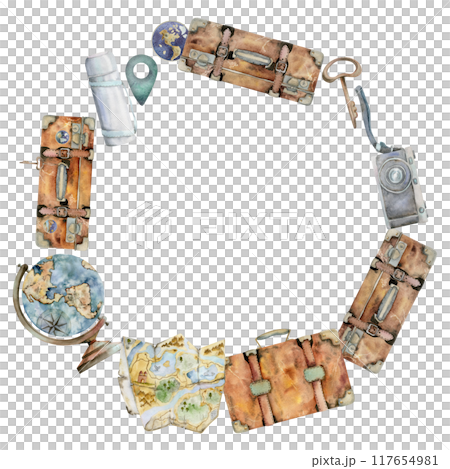 Tourist accessories, luggage suitcase key, vacuum flask, photo camera, map globe. Watercolor hand drawn illustration. Round wreath frame. Tourism, travel brochure, booklet, wedding guide, print card. Tourist accessories, luggage suitcase key, vacuum flask, photo camera, map globe. Watercolor hand drawn illustration. Round wreath frame. Tourism, travel brochure, booklet, wedding guide, print card. 117654981