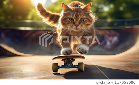 スケートボードに乗る猫（AI生成画像） 117655006