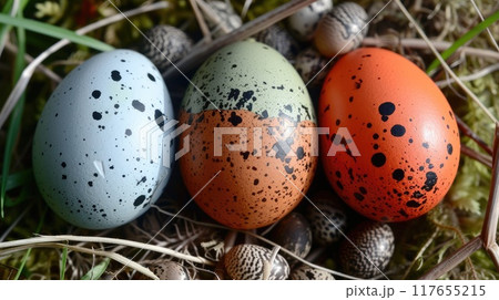 Colored and quail eggs. Generative AI 117655215