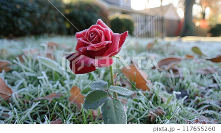 Frosty red rose. Generative AI 117655260