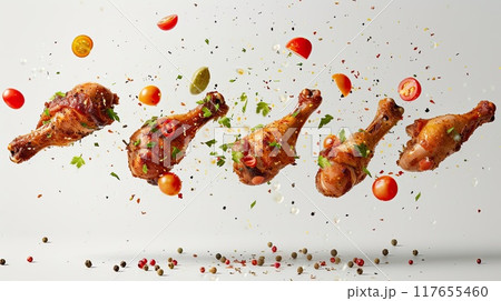 Flying chicken drumsticks. Generative AI Flying chicken drumsticks. Generative AI 117655460