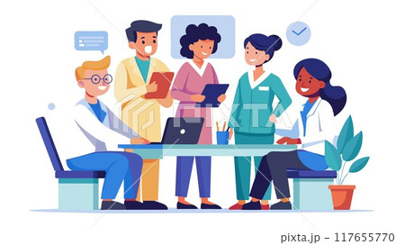 Collaboration goes beyond the exam room! This image depicts a team of doctors, nurses, and specialists working together to provide comprehensive care for their patient. Collaboration goes beyond the exam room! This image depicts a team of doctors, nurses, and specialists working together to provide comprehensive care for their patient. 117655770