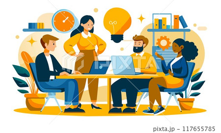 The ideation station is buzzing! A tech startup team collaborates,  fueled by teamwork and innovative thinking,  to turn ideas into reality. 117655785