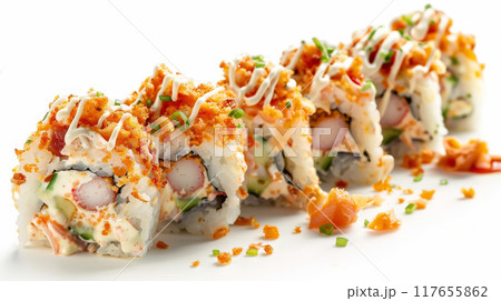 Experience a modern interpretation of sushi with Fusion rolls combining Japanese tradition and Western flair 117655862