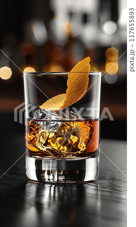 Old Fashioned cocktail, featuring a robust blend of bourbon or rye whiskey, simple syrup, Angostura bitters, and a twist of orange zest 117655893
