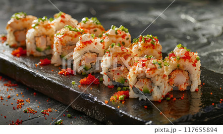 Savor the bold flavors of Volcano rolls featuring a spicy scallop mixture atop California rolls, baked to perfection and garnished with vibrant tobiko and finely chopped green onions 117655894