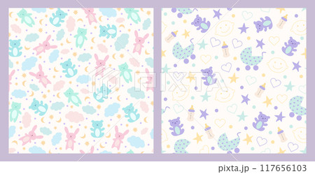 Baby seamless pattern for decoration, nursery, blankets, gifts, baby shower greetings. Cute teddy bears, cats and bunnies, stars and crescent Baby seamless pattern for decoration, nursery, blankets, gifts, baby shower greetings. Cute teddy bears, cats and bunnies, stars and crescent 117656103