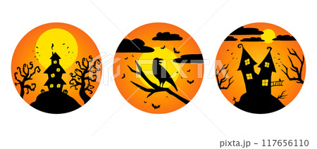 Witch or haunted houses silhouettes on the hill in a round shaped background. House, full moon, crow, bats and pumpkins. Halloween vector illustration Witch or haunted houses silhouettes on the hill in a round shaped background. House, full moon, crow, bats and pumpkins. Halloween vector illustration 117656110