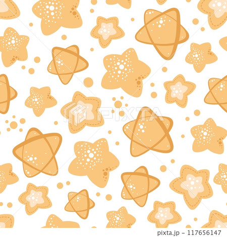 Seamless pattern with golden Christmas stars. Vector holiday texture in flat style. Suitable for wallpaper, wrapping paper, fabric, etc Seamless pattern with golden Christmas stars. Vector holiday texture in flat style. Suitable for wallpaper, wrapping paper, fabric, etc 117656147