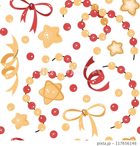 Seamless pattern with Christmas garland, stars and bows. Vector holiday texture in flat style. Suitable for wallpaper, wrapping paper, fabric, etc 117656148