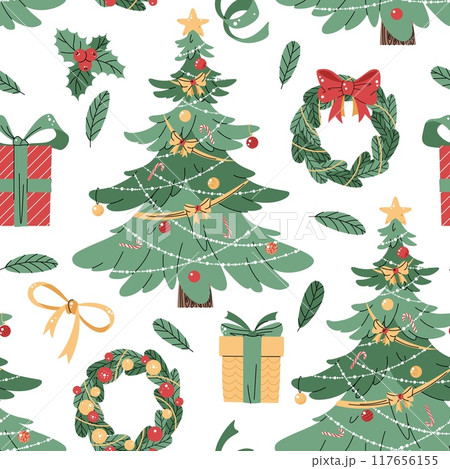 Seamless pattern with Christmas tree, wreath and gifts. Vector holiday texture in flat style. Merry Christmas and Happy New Year. Suitable for wallpaper, wrapping paper, fabric, etc. Seamless pattern with Christmas tree, wreath and gifts. Vector holiday texture in flat style. Merry Christmas and Happy New Year. Suitable for wallpaper, wrapping paper, fabric, etc. 117656155