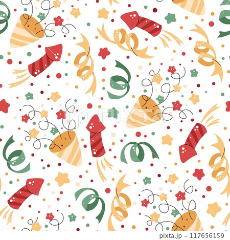 Seamless pattern with Christmas crackers, confetti and decorations. Vector festive texture in flat style. Suitable for wallpaper, wrapping paper, fabric, etc Seamless pattern with Christmas crackers, confetti and decorations. Vector festive texture in flat style. Suitable for wallpaper, wrapping paper, fabric, etc 117656159