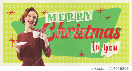 Elegant young woman in retro style costume drinking tea and sending Merry Christmas greeting. Festive mood. Contemporary art collage. 117656208