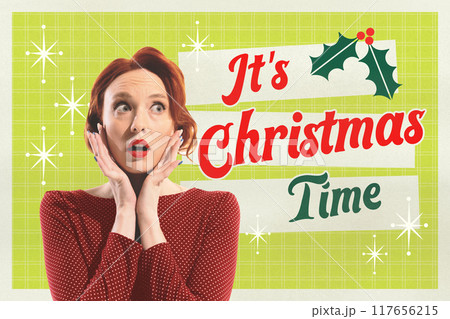 Beautiful elegant woman expressing shock and excitement about upcoming Christmas holiday celebration. Contemporary art collage. 117656215