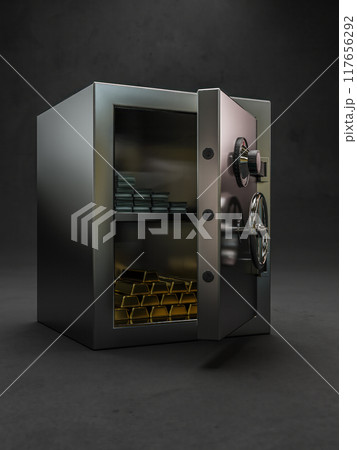 Strongbox with gold bars and pile of US dollar banknotes 117656292