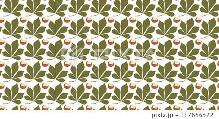 Autumn chestnut leaves and Nuts seamless vector pattern for fabric, wallpaper and wrapping paper. Flat or Cartoon Botany Illustration with Elements Isolated on White background for Textile 117656322