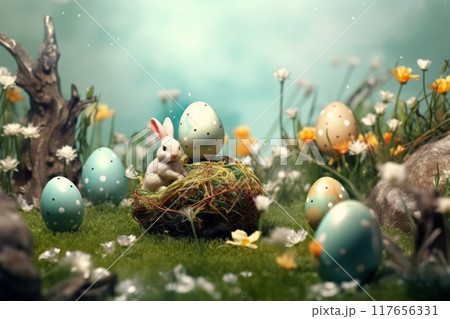 Happy Easter day, colorful eggs and daisy flower on meadow under beautiful sky. Small white bunny. Generated AI Happy Easter day, colorful eggs and daisy flower on meadow under beautiful sky. Small white bunny. Generated AI 117656331