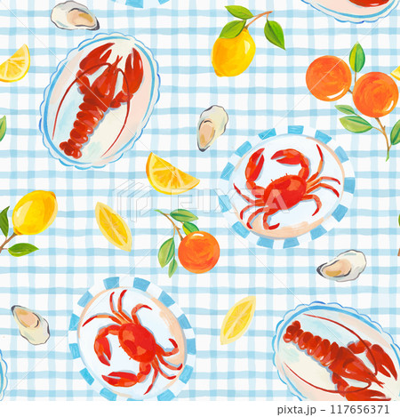 Beautiful seamless pattern with watercolor hand drawn seafood and fruits. Lobster and crab on dishes with lemons on white and blue tablecloths. Mediterranean print design. Italian style pattern. 117656371