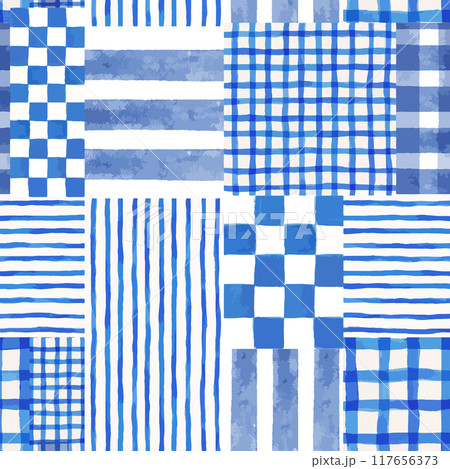 Beautiful blue watercolor hand drawn seamless pattern in patchwork style. Patchwork background surface print design. Stock illustration. 117656373