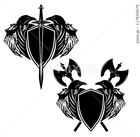 black vector heraldic design set with shield, raven birds, axe and knight sword 117656679
