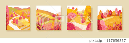 Set of posters with autumn park, Hand drawn. Red plants, trees and colorful fall foliage. Print on Print, notebook or book cover. Postcard, poster or wallpaper. Vector 117656837