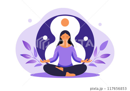 A peaceful vector illustration of a woman meditating in a lotus pose, surrounded by the yin-yang symbol and leaves. Ideal for designs related to yoga, balance, and mindfulness. A peaceful vector illustration of a woman meditating in a lotus pose, surrounded by the yin-yang symbol and leaves. Ideal for designs related to yoga, balance, and mindfulness. 117656853