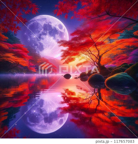水面に反射する満月と紅葉の風景画 117657083
