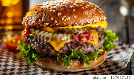Capture the essence of a classic cheeseburger featuring a juicy beef patty with melted cheddar cheese, crisp lettuce, tomato slices, pickles, and a dollop of ketchup and mustard, all elegantly 117657127