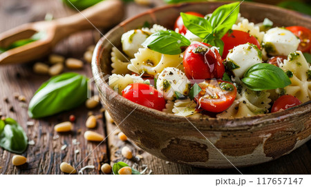 Enjoy the vibrant flavors of a Caprese Farfalle Salad, featuring Farfalle pasta mixed with juicy cherry tomatoes, fresh mozzarella balls, and fragrant basil pesto 117657147
