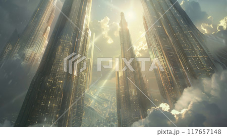 a fantastical metropolis where skyscrapers resemble towering columns reaching towards the heavens. Each skyscraper is intricately designed, adorned with intricate carvings and futuristic 117657148