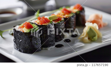 Indulge in an elegant dining experience featuring nori-wrapped sushi rolls, meticulously crafted with crab meat, creamy avocado, and spicy tuna, elegantly arranged on a fine ceramic plate 117657190