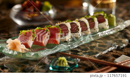 Indulge in an upscale dining experience with seared tuna tataki slices served with ponzu sauce, paired with tuna nigiri and a variety of sushi rolls 117657191