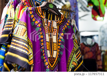 beautiful colorful clothes at african market 117657311