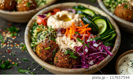 Close-up image of vegan falafel bowls with quinoa tabbouleh, hummus, tahini sauce, roasted vegetables, and a sprinkle of za'atar seasoning, beautifully presented in eco-friendly bowls 117657594