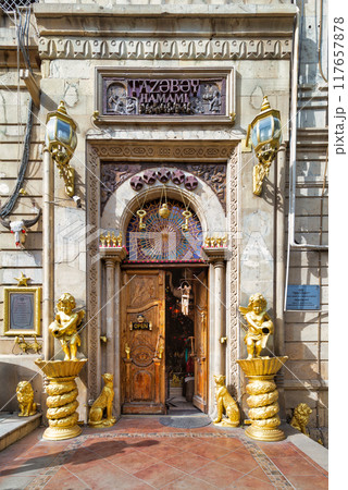 Entrance of Tazabay Hamami in Baku, Azerbaijan showcasing intricate architecture and golden details Entrance of Tazabay Hamami in Baku, Azerbaijan showcasing intricate architecture and golden details 117657878