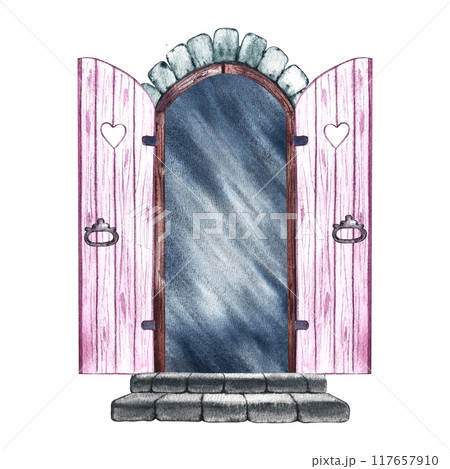 Vintage open double-leaf door. A pink arched wooden door framed by brick and stone steps. A watercolor illustration made by hand. Highlight it. A design element for home, children's games, postcards. Vintage open double-leaf door. A pink arched wooden door framed by brick and stone steps. A watercolor illustration made by hand. Highlight it. A design element for home, children's games, postcards. 117657910