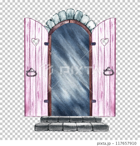 Vintage open double-leaf door. A pink arched wooden door framed by brick and stone steps. A watercolor illustration made by hand. Highlight it. A design element for home, children's games, postcards. 117657910