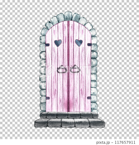 Vintage door. A pink arched wooden door framed by brick and stone steps. A watercolor illustration made by hand. Highlight it. A design element for home, children's games, postcards and decor. 117657911