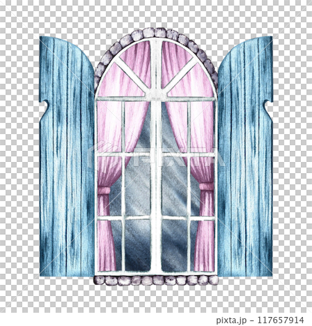 Vintage window. An arched window framed in brick, with blue shutters and a white glazed frame and pink curtains. A watercolor illustration made by hand. Highlight it. A design element. 117657914