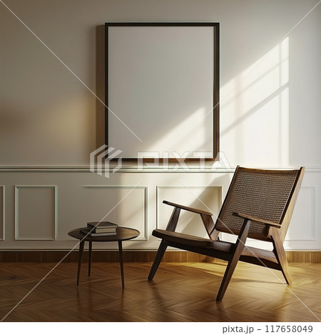 Empty Frame Mockup, Wall Art Template Blank Poster Print Artwork Product Placement, Mid-Century Home Interior 117658049