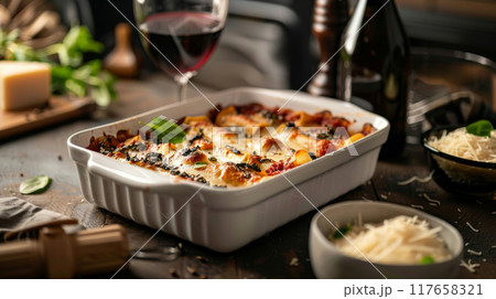 Indulge in a gourmet presentation of Spinach and Ricotta Cannelloni, with homemade cannelloni pasta elegantly filled with a rich mixture of spinach and ricotta cheese 117658321
