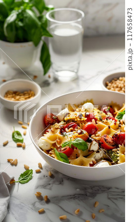 Experience a modern gourmet presentation of Caprese Farfalle Salad, elegantly combining Farfalle pasta with juicy cherry tomatoes, fresh mozzarella balls, and aromatic basil pesto 117658473